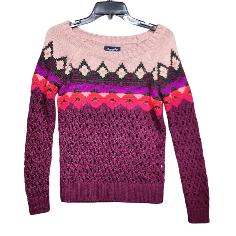 American Eagle Knit Sweater XS Pink Purple Fair Isle Open Weave Long Sleeve